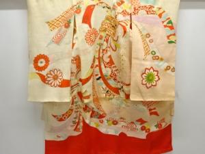 アンティーク　錦紗束ね熨斗に花古典柄刺繍五つ紋着物